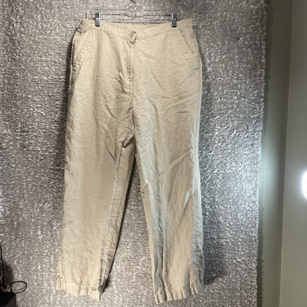 LL Bean Pants Women's 16 Tan Brown Linen Classic Fit High Rise Trousers Coastal